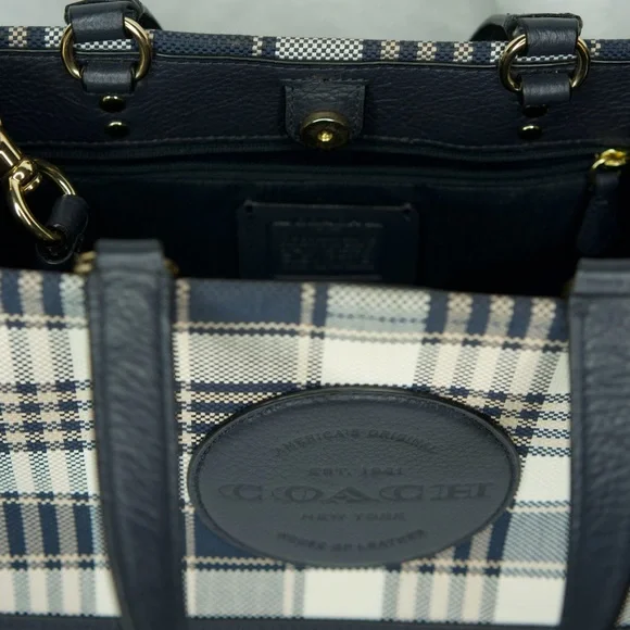 Coach Navy and Cream Plaid Satchel - Picture 3 of 7